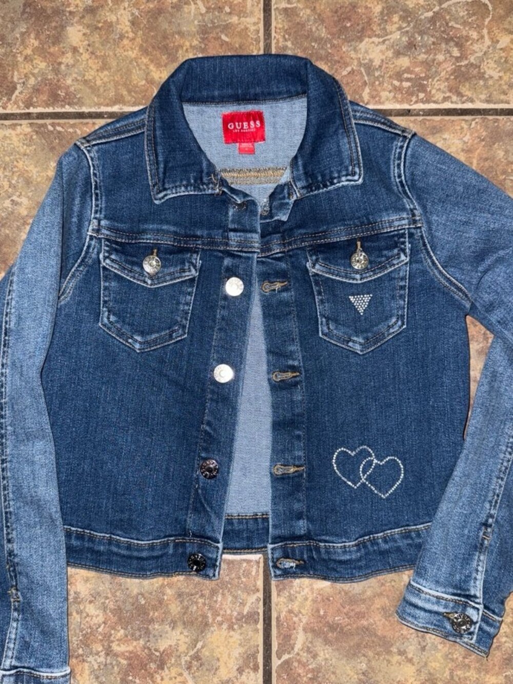 GUESS Kids Denim Jacket Size 8 Rhinestone Heart Embellished Blue Jean Jacket